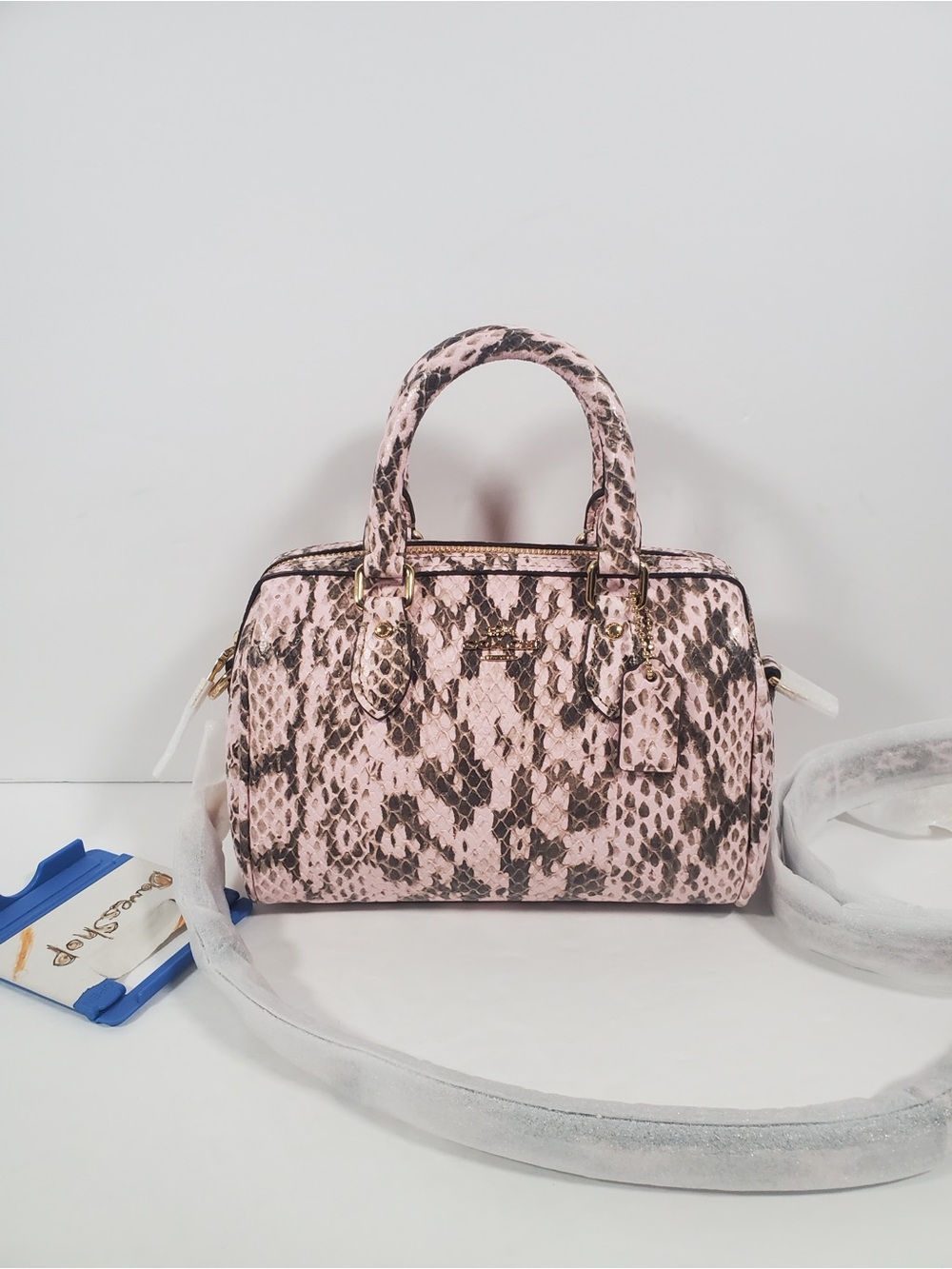 NWT Coach Mini Rowan Crossbody Bag CDY32 snake embossed leather/Gold/Pink